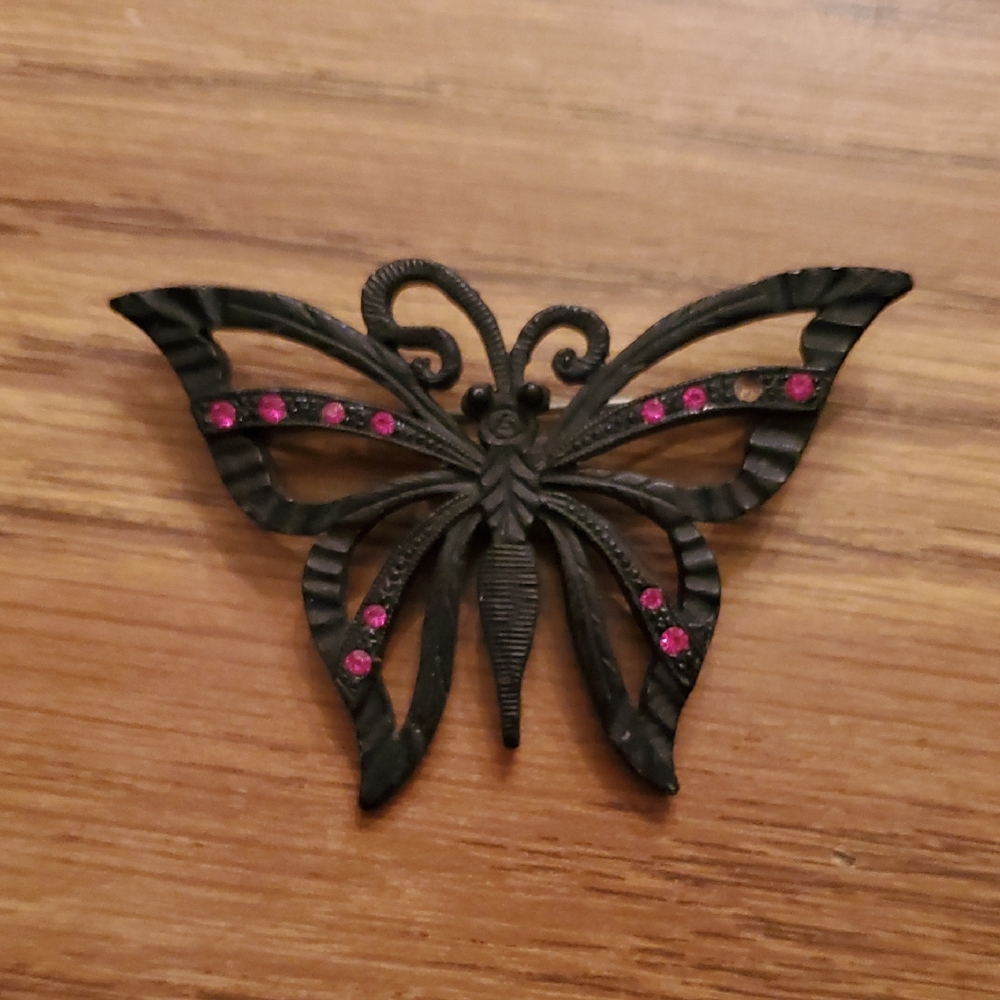 Coro Black Butterfly With Fushia Rhinestones